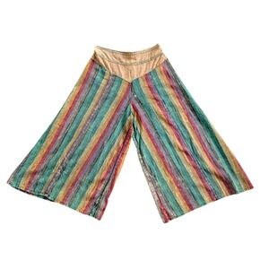 Boho Rainbow Linen Stripe High Waist Gaucho Wide Leg Pants Women's Medium Small